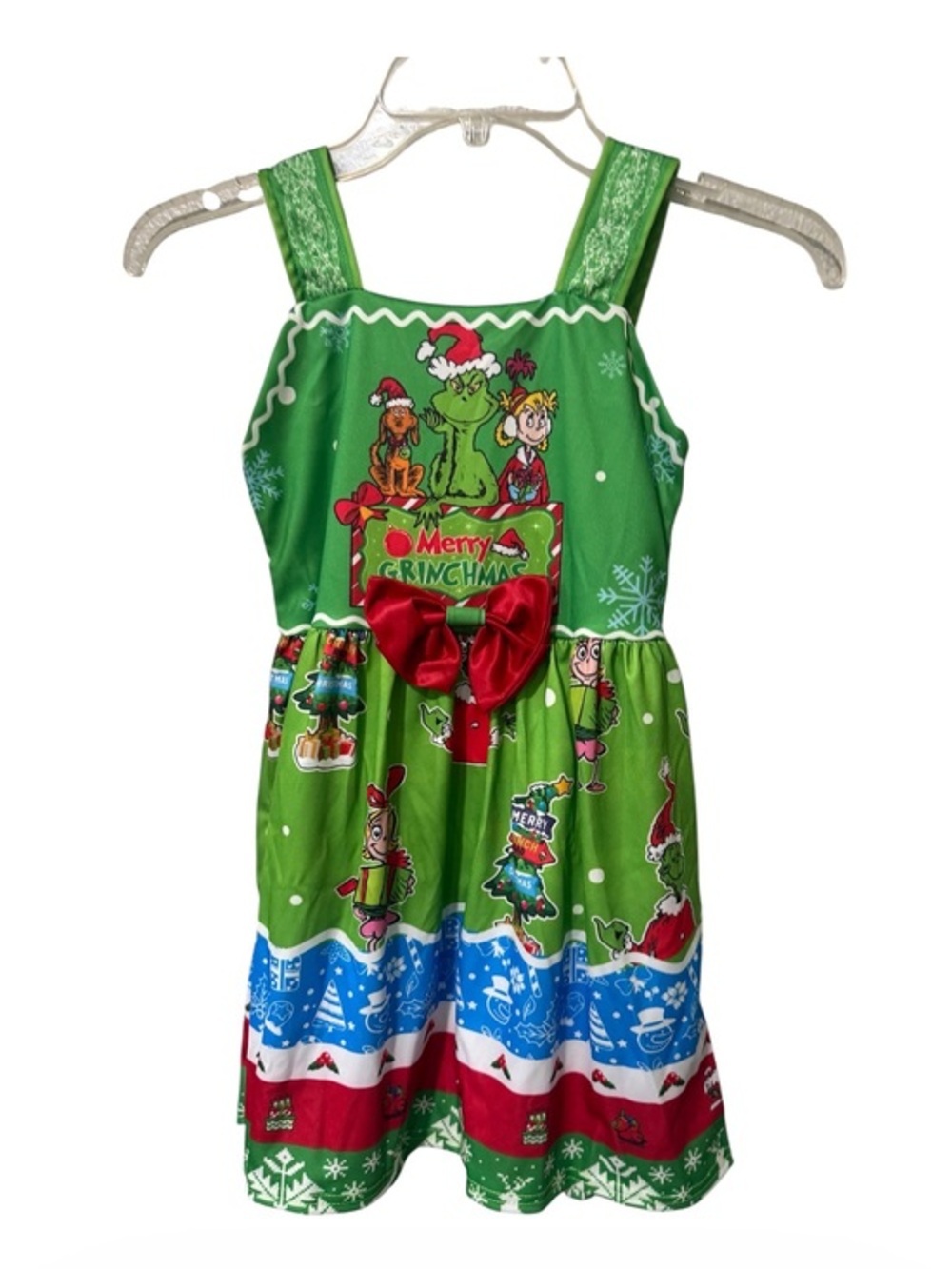 Girls the grinch Christmas themed holiday dress with bow size